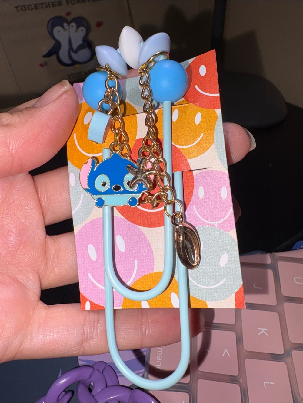 Light Blue Cute Character Charm Giant Paper Clip with Gold Chain Bookmark
